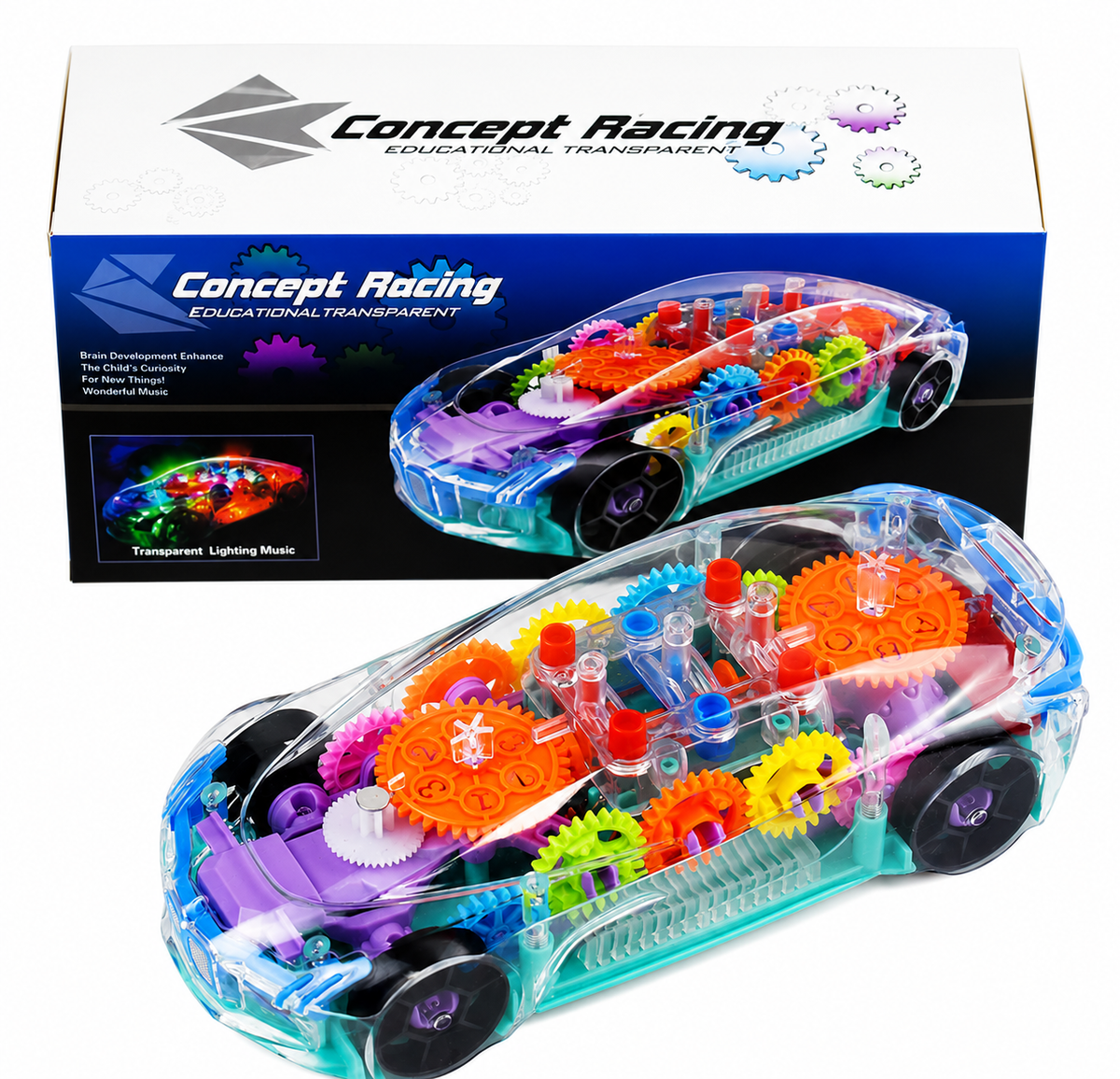 Transparent Educational Concept Racing Car Toy with Colorful Gears, LED Lights, and Music