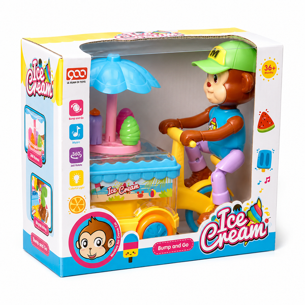 Monkey Ice Cream Cart Bicycle Bump and Go Toy with Music and LED Lights