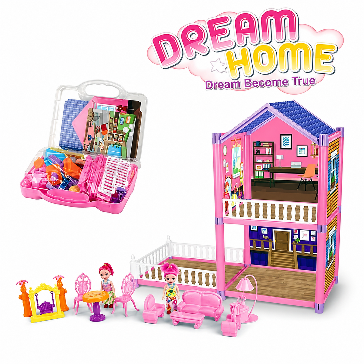 Dream Home DIY Building Block Dollhouse Playset with Furniture and Mini Dolls
