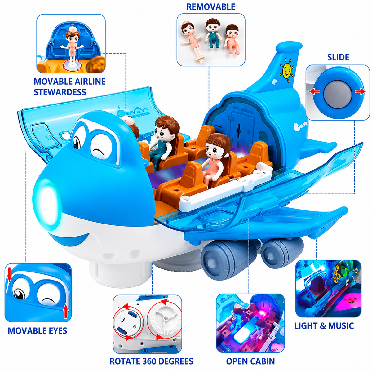Electric Airplane Toy with Open Cabin, Removable Figures, Light, Music, and 360-Degree Rotation