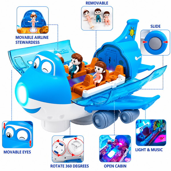 Electric Airplane Toy with Open Cabin, Removable Figures, Light, Music, and 360-Degree Rotation