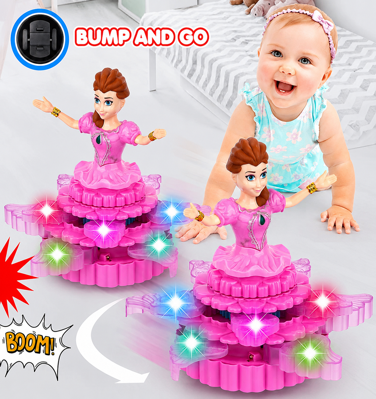 Rotating Princess 3D Light Musical Toy with Bump & Go (Pink)