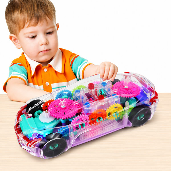 Transparent Educational Concept Racing Car Toy with Colorful Gears, LED Lights, and Music