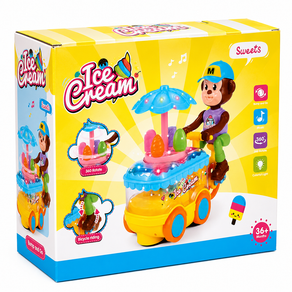 Monkey Ice Cream Cart Bicycle Bump and Go Toy with Music and LED Lights