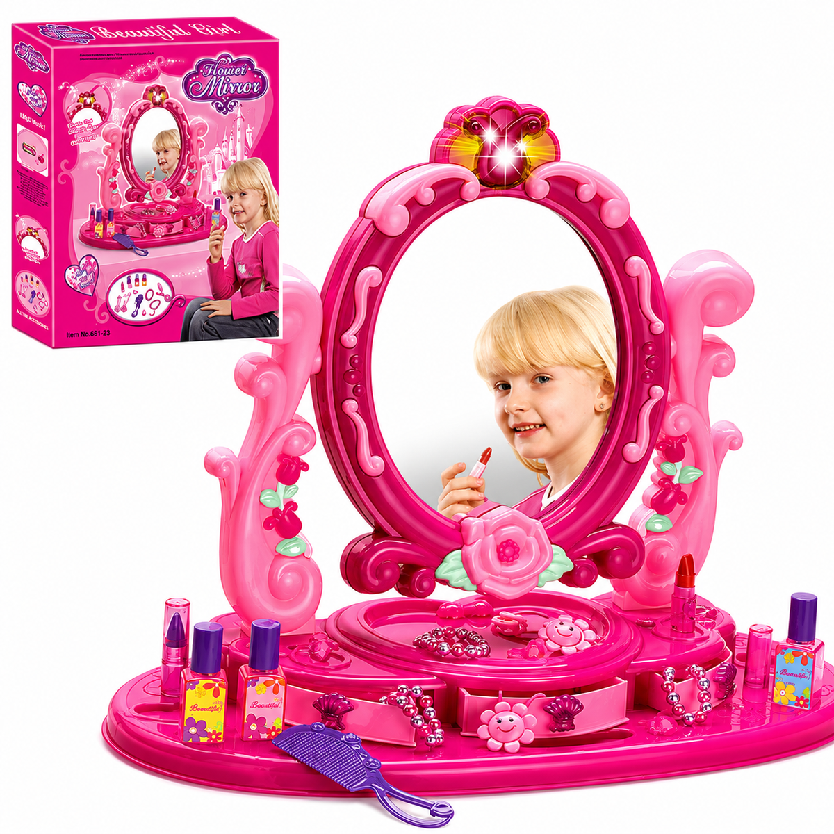 Flower Mirror Vanity Toy Set with Light, Music, and Makeup Accessories