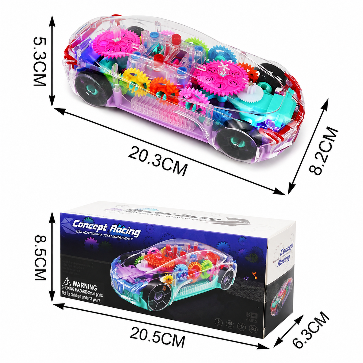 Transparent Educational Concept Racing Car Toy with Colorful Gears, LED Lights, and Music