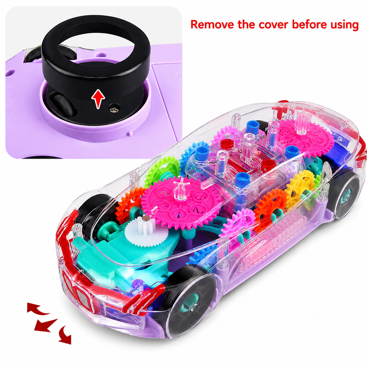 Transparent Educational Concept Racing Car Toy with Colorful Gears, LED Lights, and Music