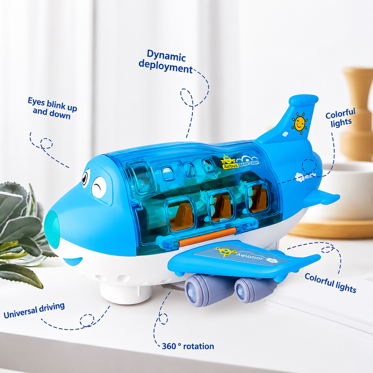 Electric Airplane Toy with Open Cabin, Removable Figures, Light, Music, and 360-Degree Rotation