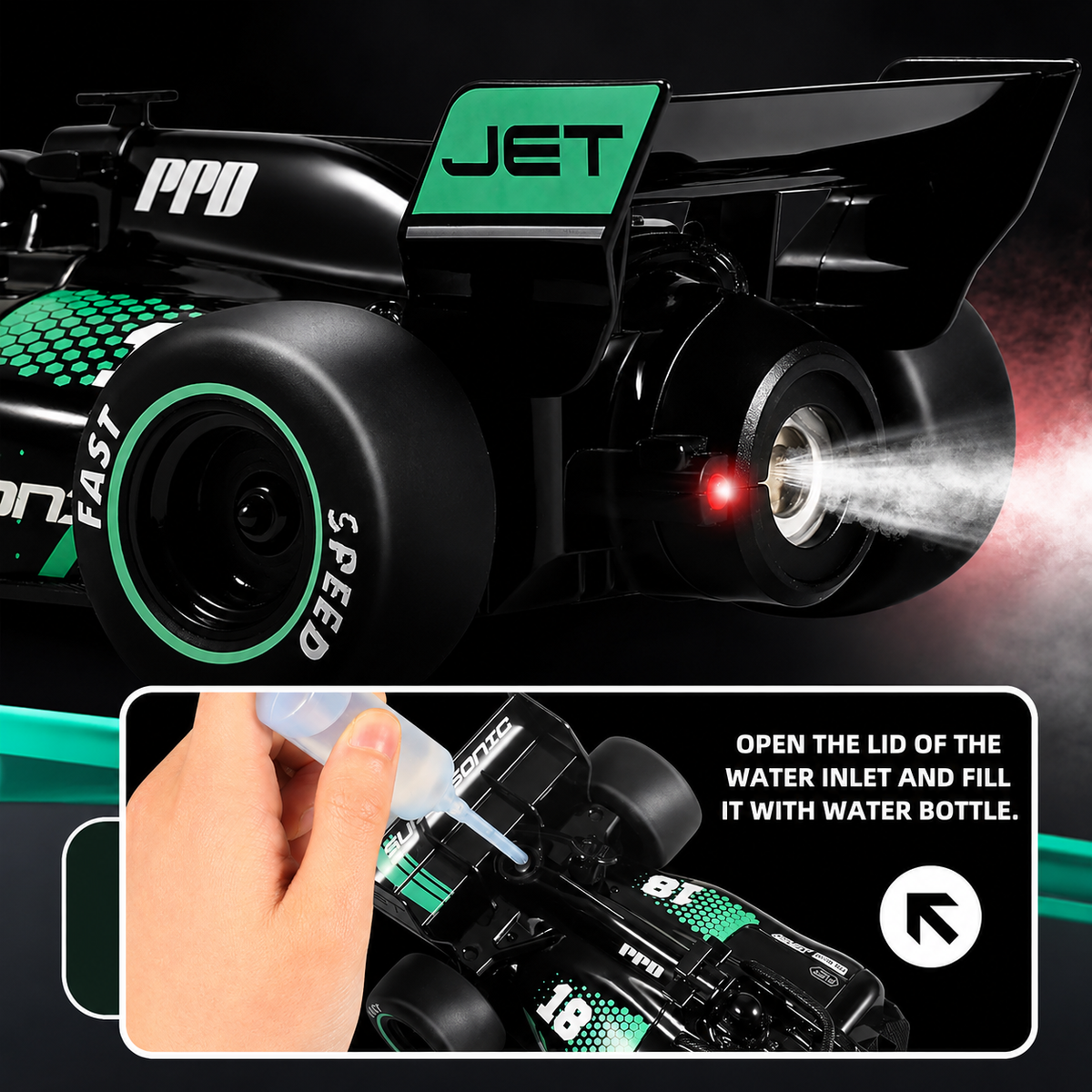 Formula 1 Drift Go Spray Racing Remote Control Car with LED Lights & 360° Drift (1:18 Scale)