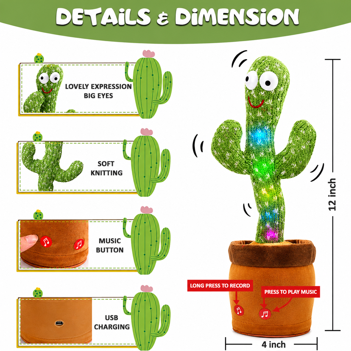 Dancing Cactus Plush Toy with Singing, Talking, Mimicking, and LED Lights