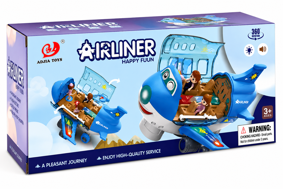 Electric Airplane Toy with Open Cabin, Removable Figures, Light, Music, and 360-Degree Rotation