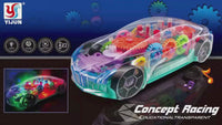Transparent Educational Concept Racing Car Toy with Colorful Gears, LED Lights, and Music